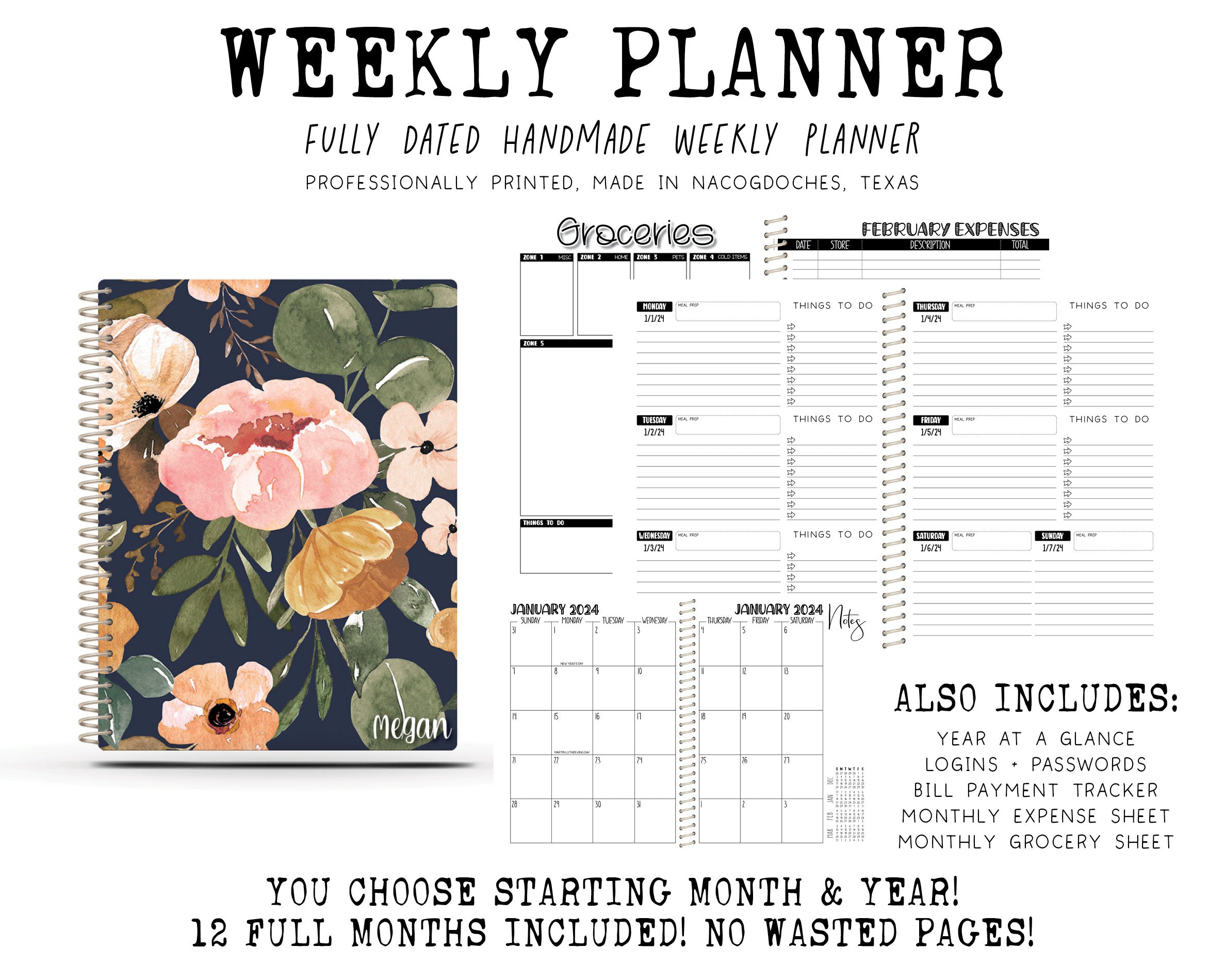 2024 Printed Weekly Planner - NAVY CHARLOTTE FLORAL