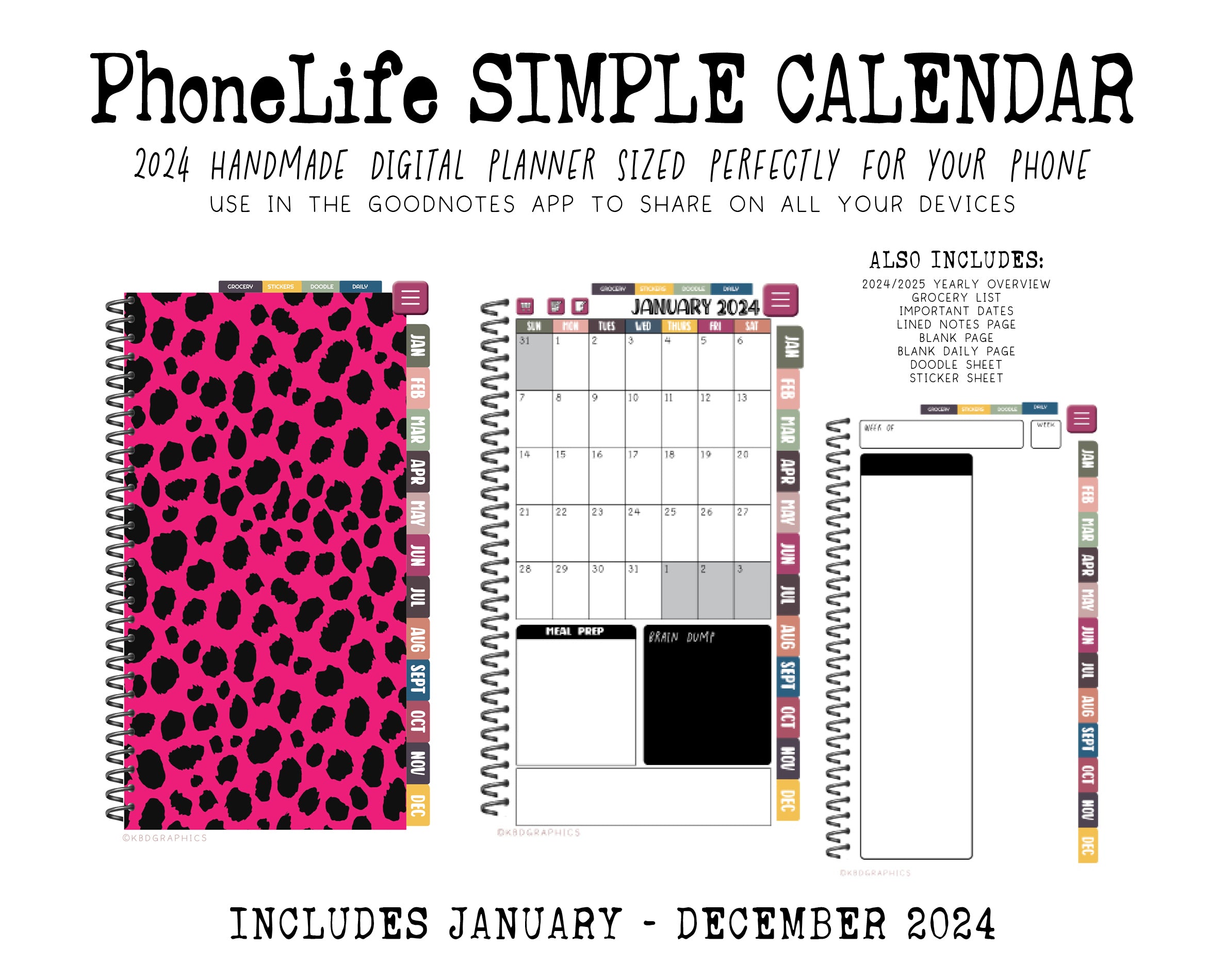 2024 PhoneLife Simple Calendar Digital Planner - PINK BLACK DOTS