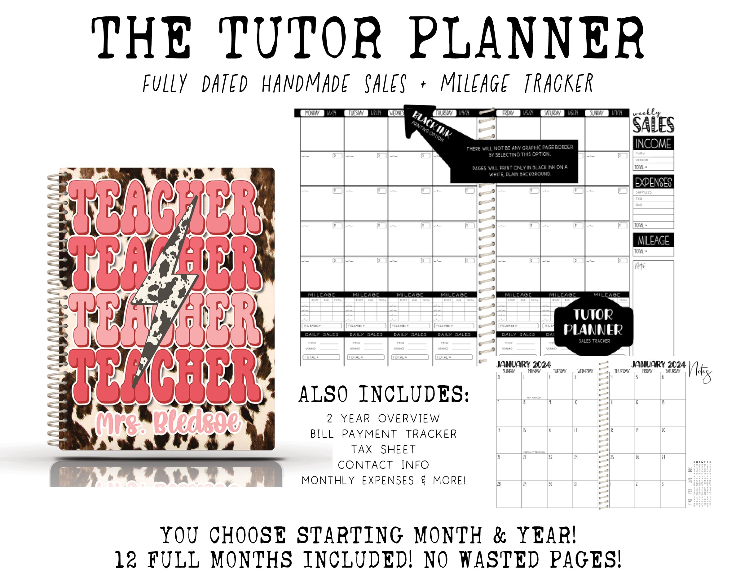 The Tutor Planner - PINK TEACHER COWHIDE