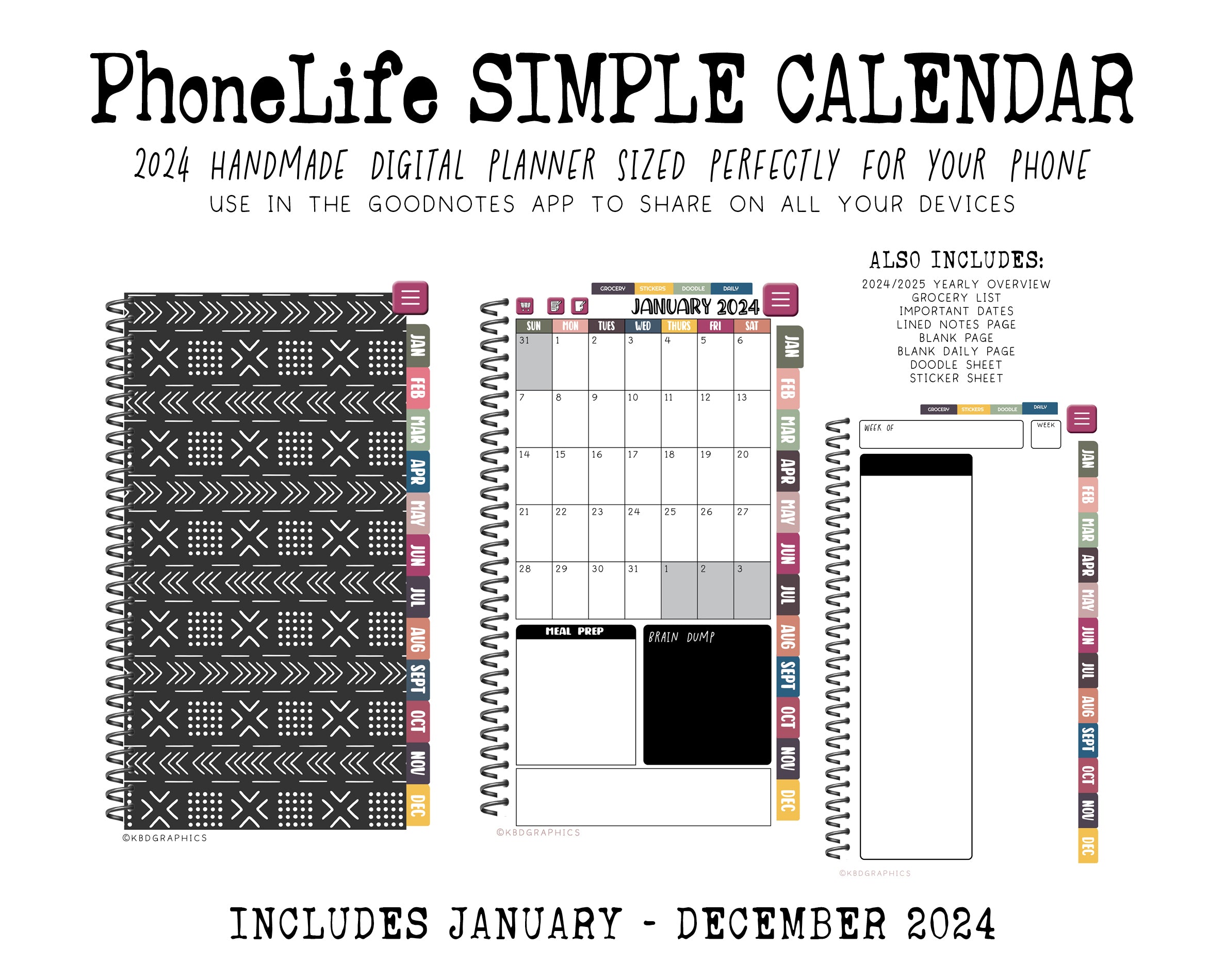 2024 PhoneLife Simple Calendar Digital Planner - MUDCLOTH 2