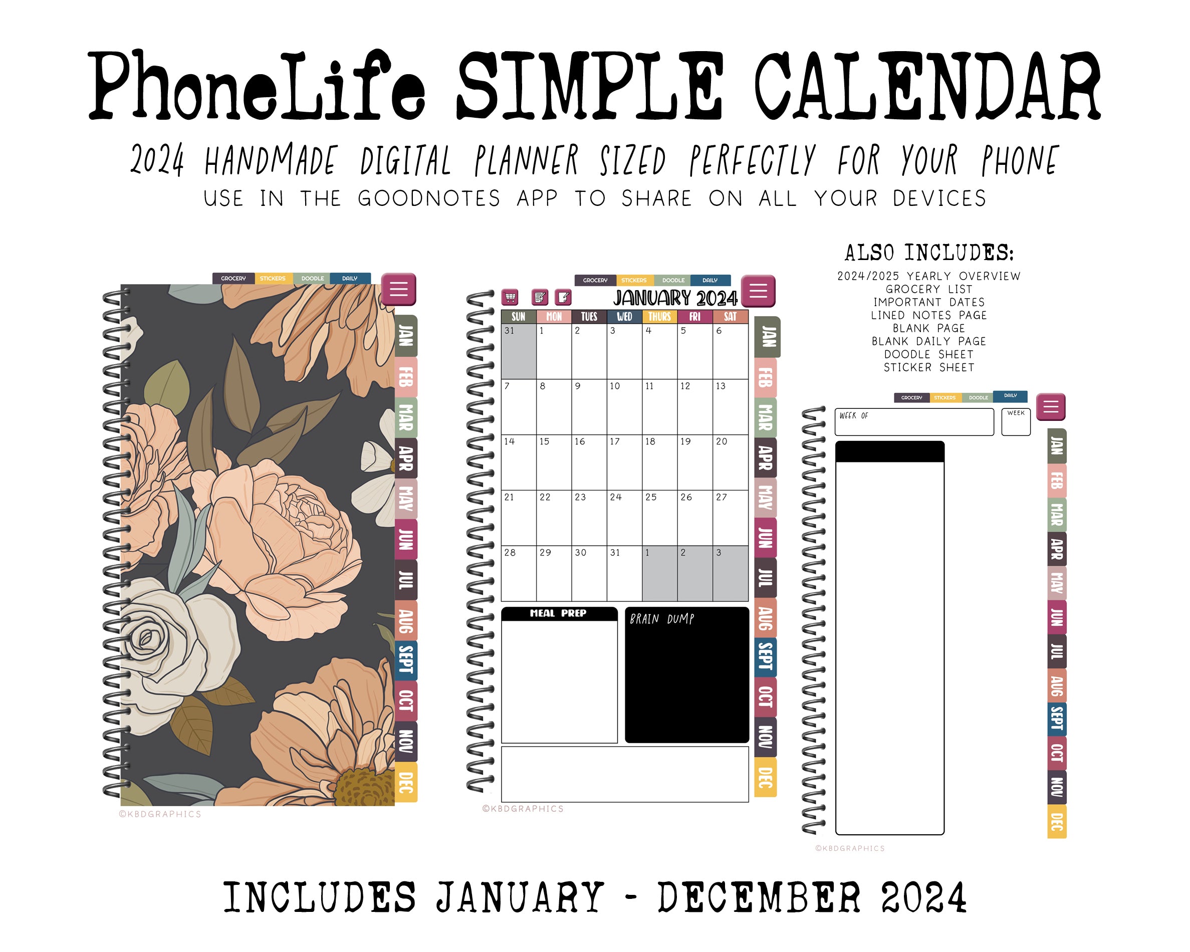2024 PhoneLife Simple Calendar Digital Planner - CLAIRE FLORAL