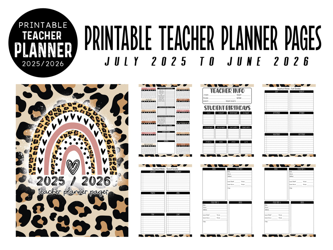 PRINTABLE 2025/2026  Teacher Planner Pages Pack - Ready to print pdf  -  LEOPARD RAINBOW