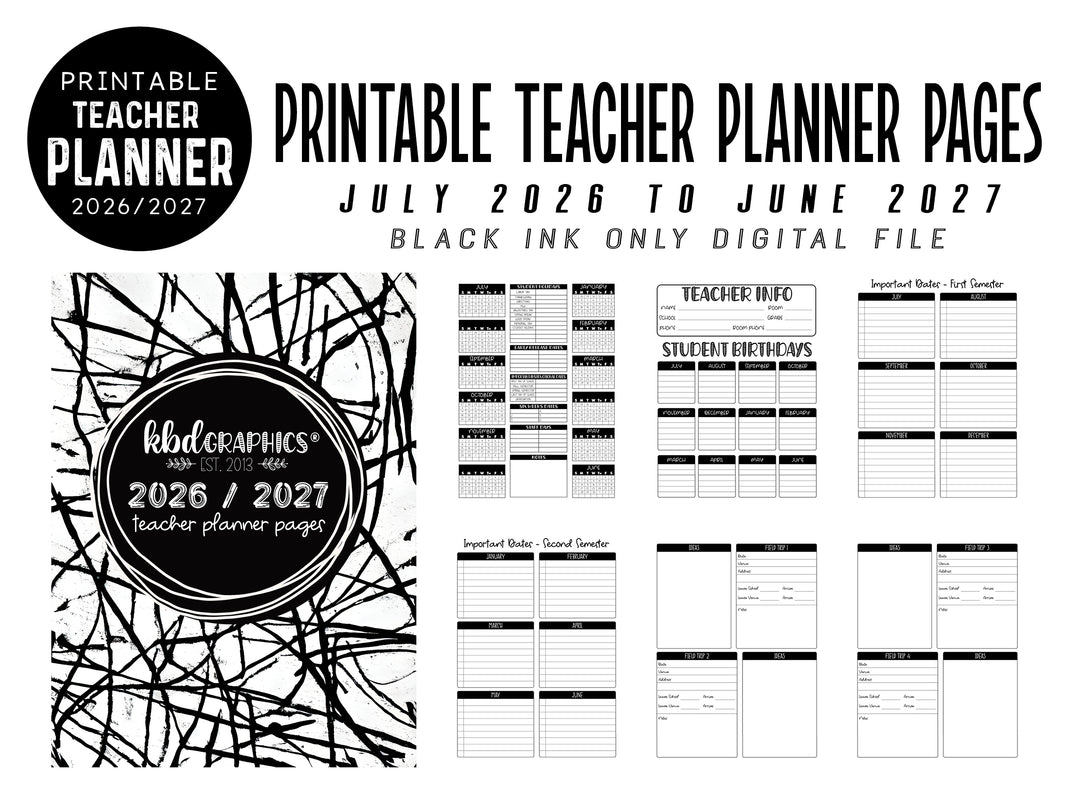 PRINTABLE 2026/2027  Teacher Planner Pages Pack - Ready to print pdf  -  BLACK INK ONLY