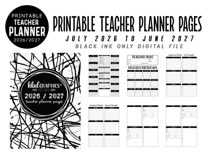 PRINTABLE 2026/2027  Teacher Planner Pages Pack - Ready to print pdf  -  BLACK INK ONLY