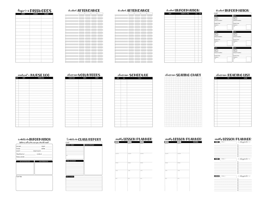 PRINTABLE 2026/2027  Teacher Planner Pages Pack - Ready to print pdf  -  BLACK INK ONLY