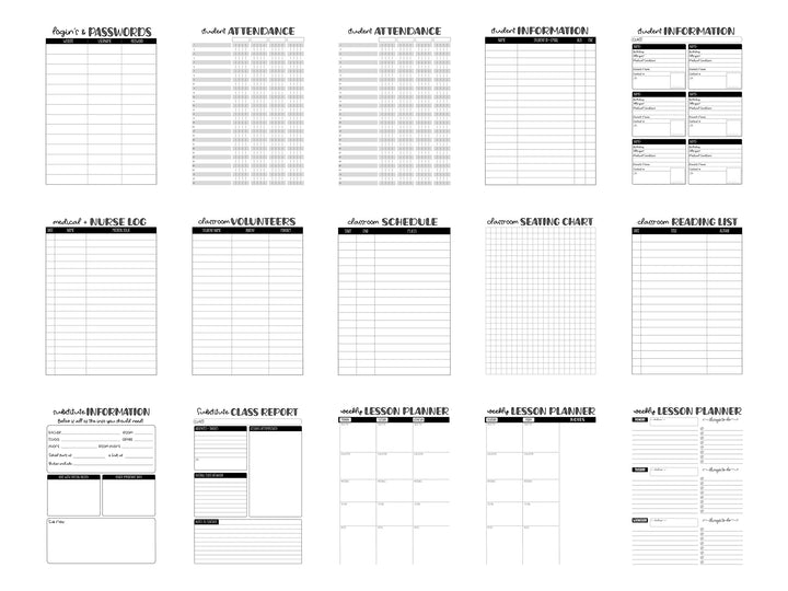 PRINTABLE 2026/2027  Teacher Planner Pages Pack - Ready to print pdf  -  BLACK INK ONLY