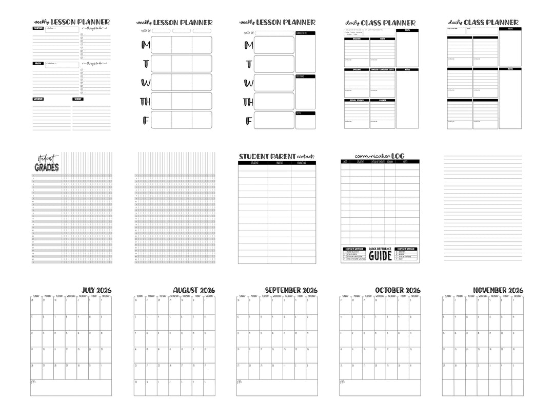 PRINTABLE 2026/2027  Teacher Planner Pages Pack - Ready to print pdf  -  BLACK INK ONLY