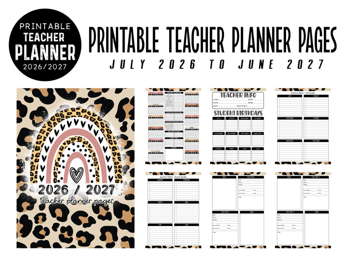 PRINTABLE 2026/2027  Teacher Planner Pages Pack - Ready to print pdf  -  LEOPARD RAINBOW