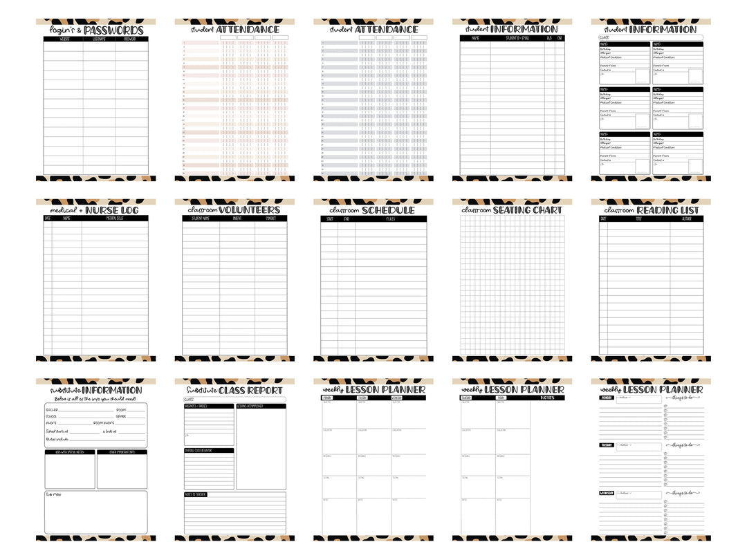PRINTABLE 2026/2027  Teacher Planner Pages Pack - Ready to print pdf  -  LEOPARD RAINBOW
