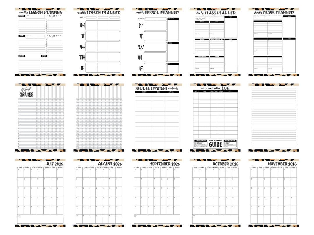 PRINTABLE 2026/2027  Teacher Planner Pages Pack - Ready to print pdf  -  LEOPARD RAINBOW