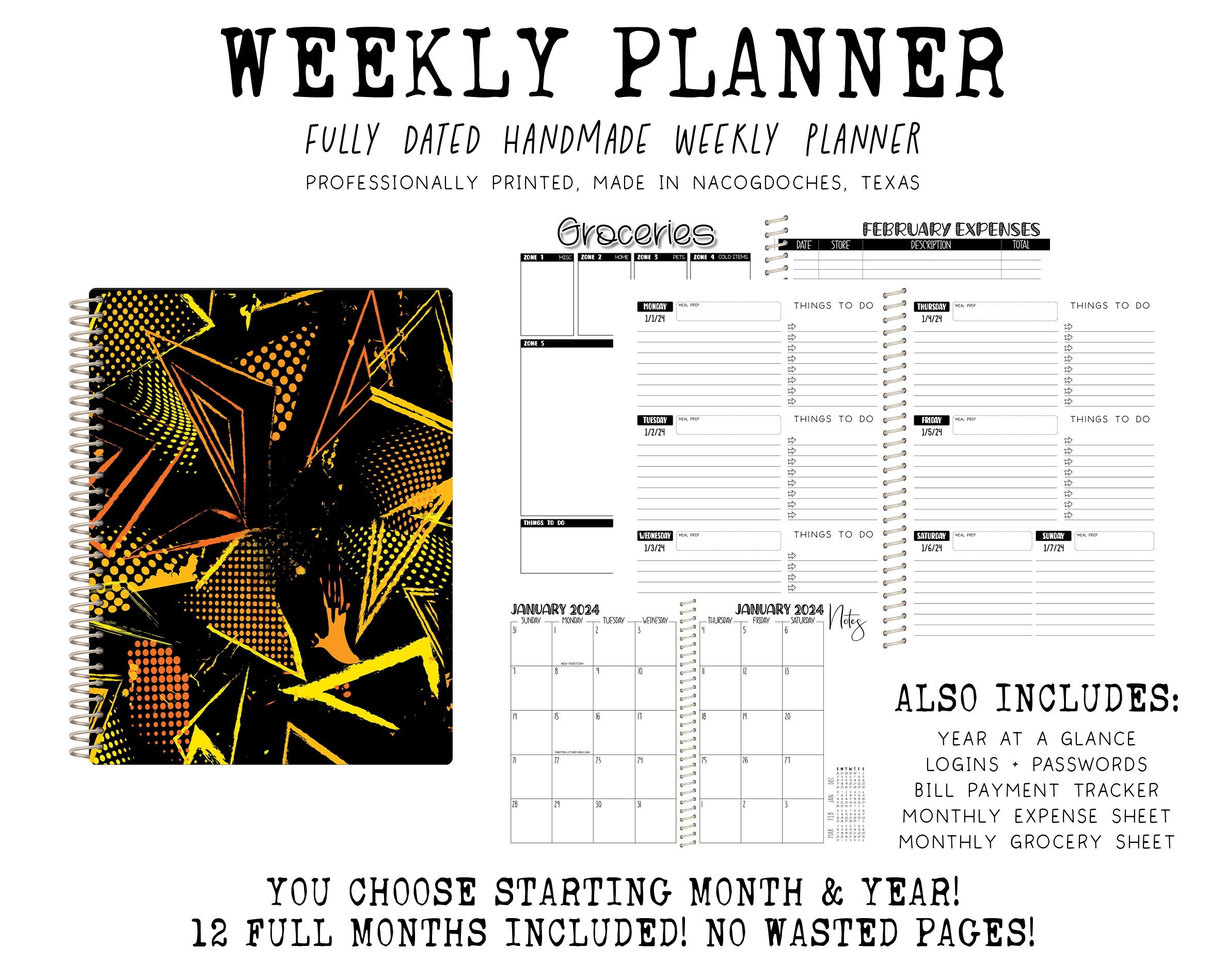 2024 Printed Weekly Planner - YELLOW GRUNGE ABSTRACT
