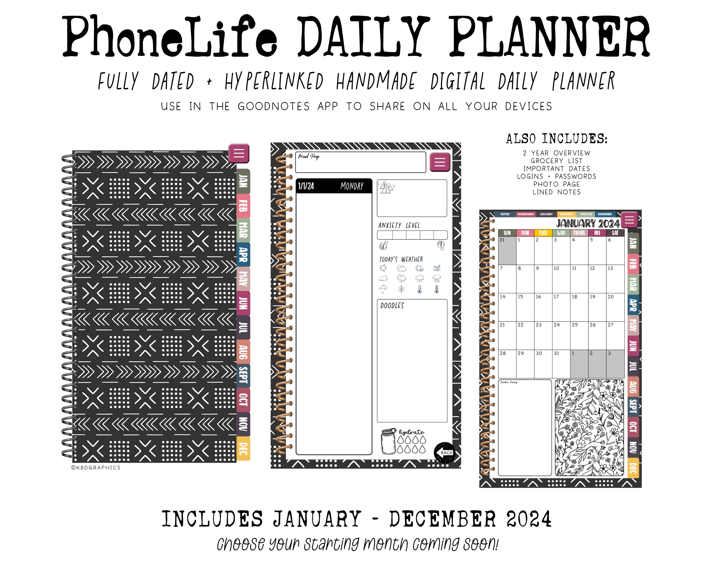 2024 PhoneLife Digital Daily Planner - MUDCLOTH 1