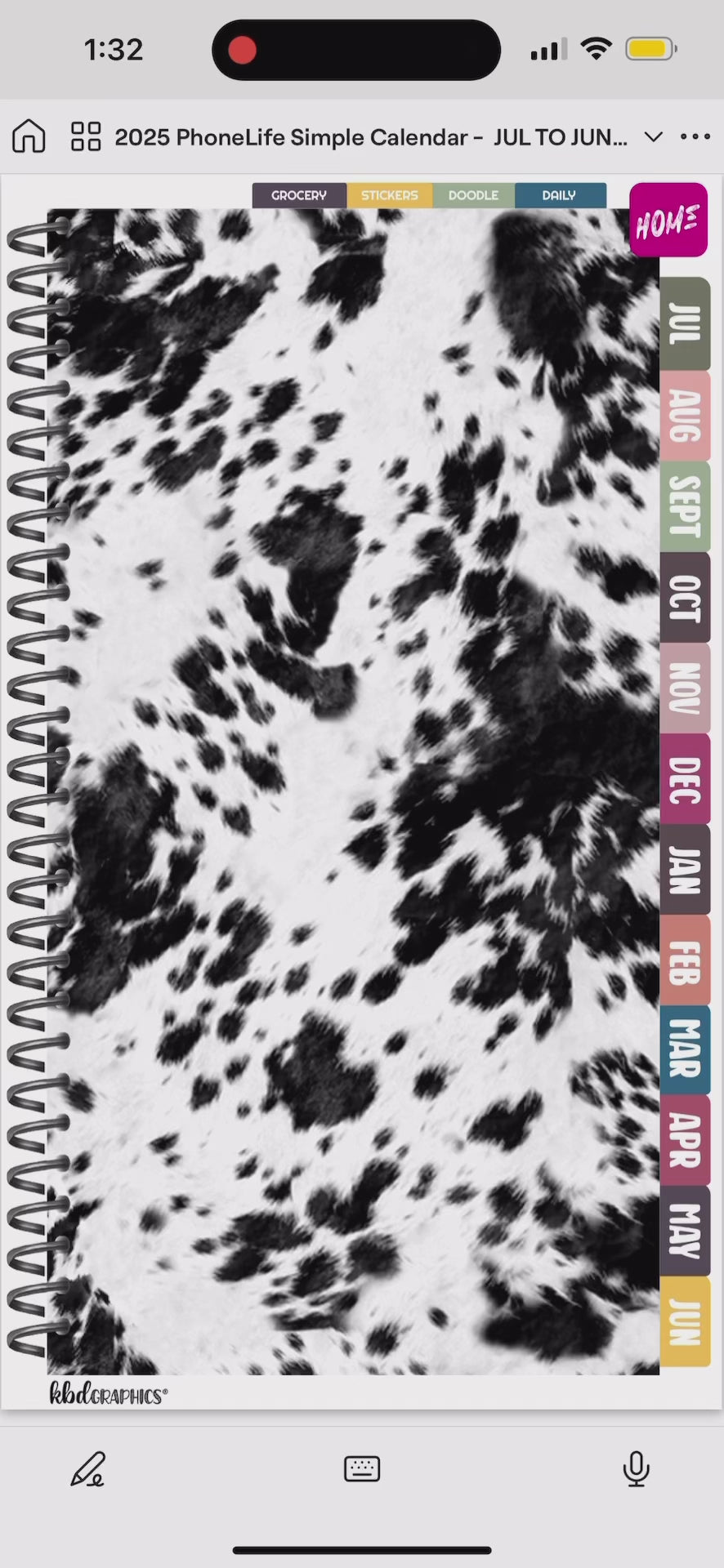2025 PhoneLife Simple Calendar Digital Planner - BW COWHIDE
